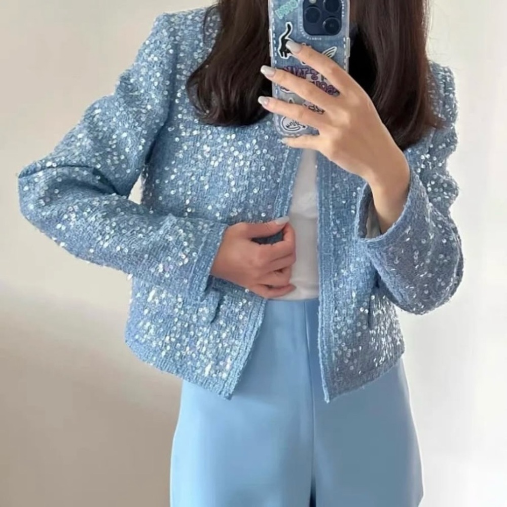 Zara textured tweed sequin blazer jacket blue sliver - Picture 2 of 12